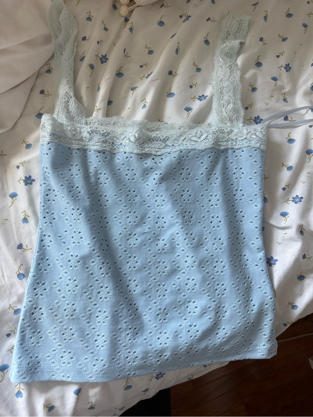 Edikted Pale Blue Eyelet Lace-Trim Tank Top